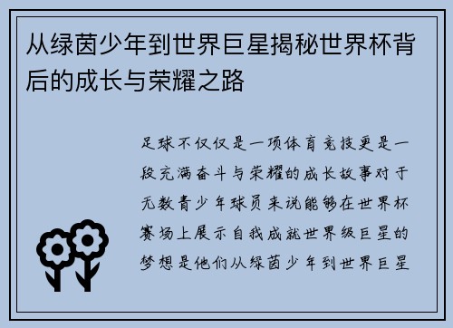 从绿茵少年到世界巨星揭秘世界杯背后的成长与荣耀之路