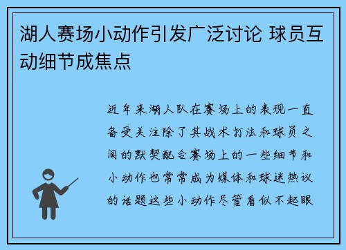 湖人赛场小动作引发广泛讨论 球员互动细节成焦点