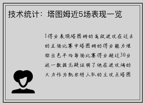 技术统计：塔图姆近5场表现一览