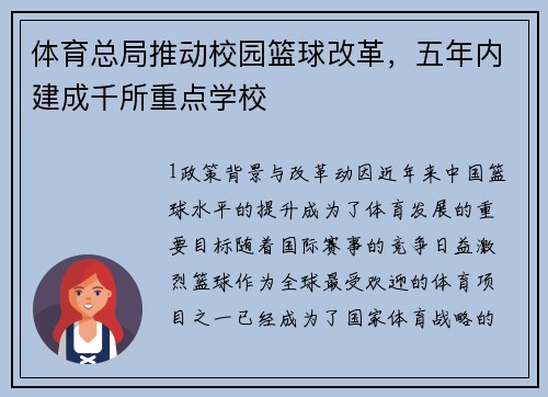 体育总局推动校园篮球改革，五年内建成千所重点学校